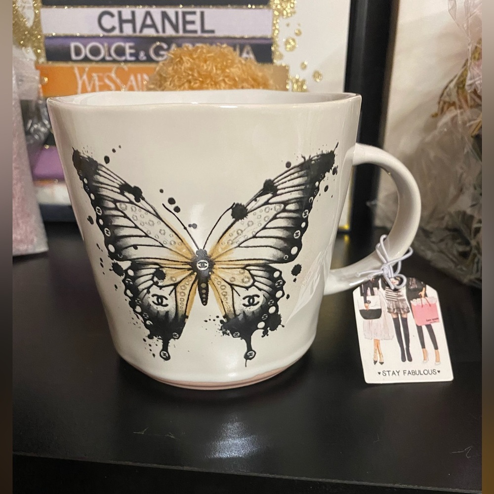 NWT LUXURY BRANDS FASHION COFFEE MUG Chanel Butterfly Mug
